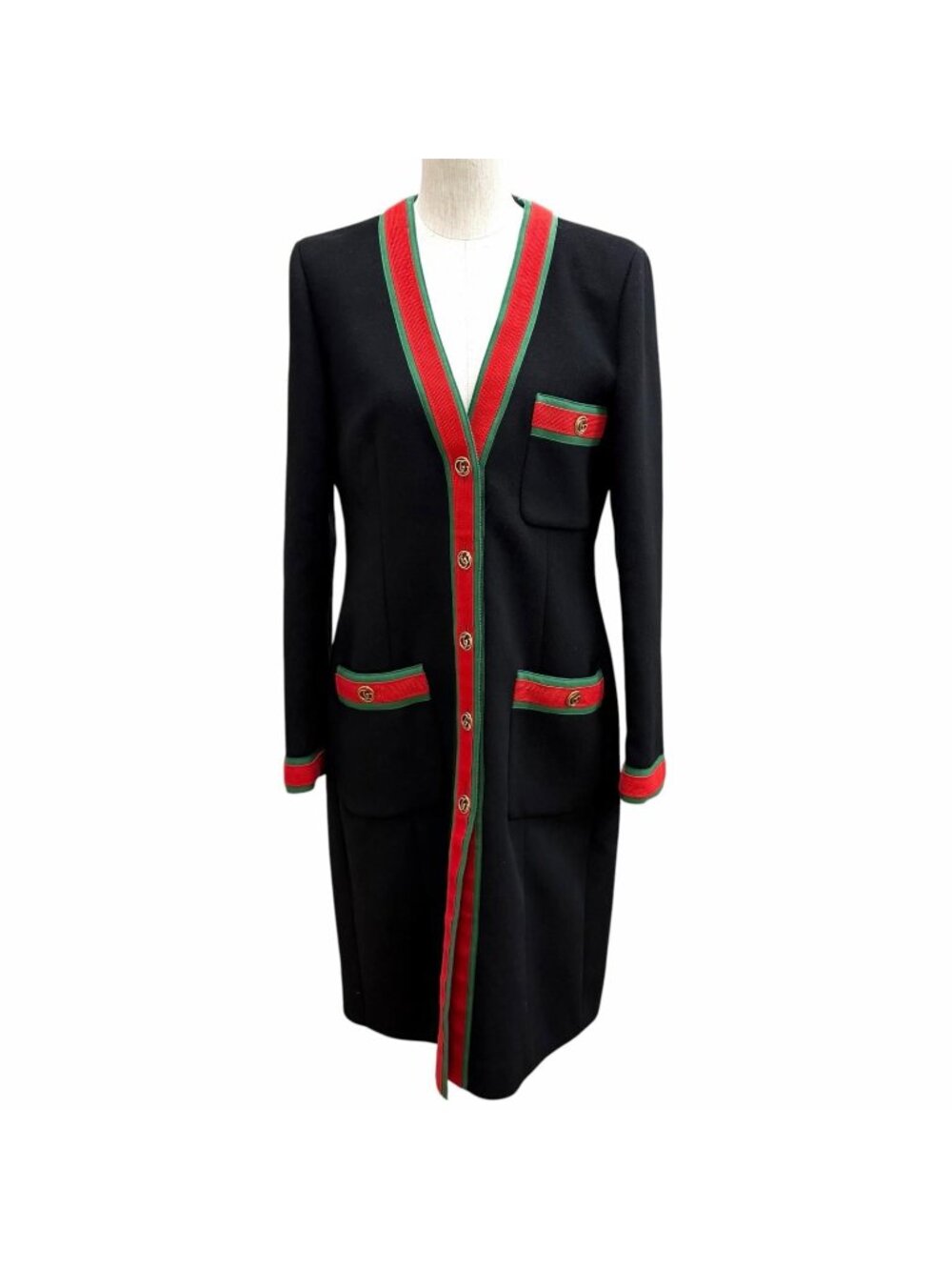 Gucci Wool 100% GG Marmont Web Line Collarless Coat Black 40